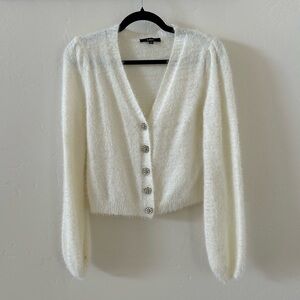 Lulu's Cream Fuzzy V-Neck Button Cardigan Sweater